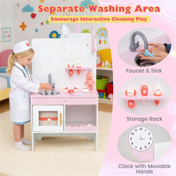 木制儿童医生医疗站游戏机，93.98×54.61×99.06cm 27件带心电图监测仪的医疗工具，适用于3-6年，粉红色+白色-11