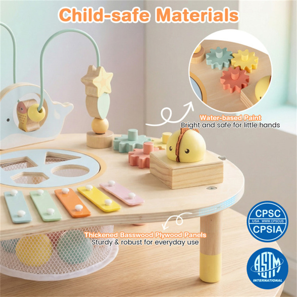 7合1木质婴儿活动台12M+带音乐和形状分类的感官游戏台-6