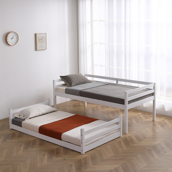 白色 油漆面 松木+胶合板 头尾横撑护栏 Twin 儿童木床 直梯 可拆分成单层床 双层床-54