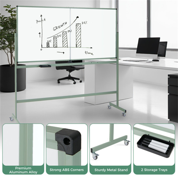 360°旋转双面磁性白板，182.88×91.44cm书写面移动式带脚轮干擦板，绿色-7