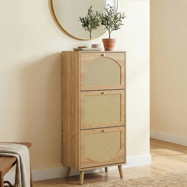 藤面3翻斗 鞋柜 刨花板 54*24*135 cm  原木色-7