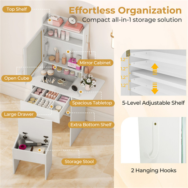 多功能梳妆台，带吹风机架，储物凳化妆台，适合家庭美容组织者-白色-9
