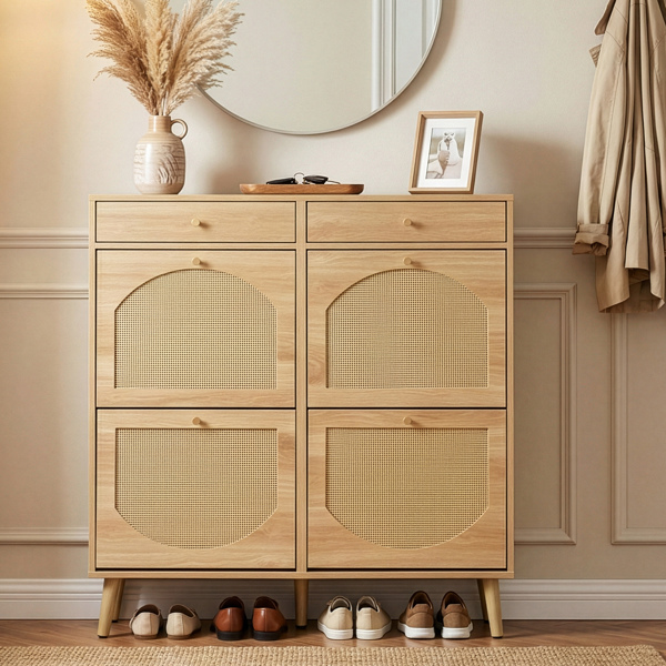 藤面2抽4翻斗 鞋柜 刨花板 105*24*110cm 原木色-1