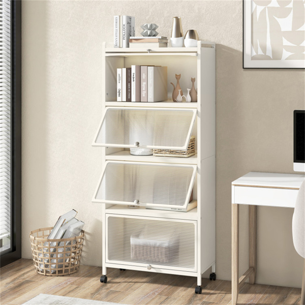 5层滚动微波支架翻转防尘门4脚轮带刹车厨房储物架白色-2