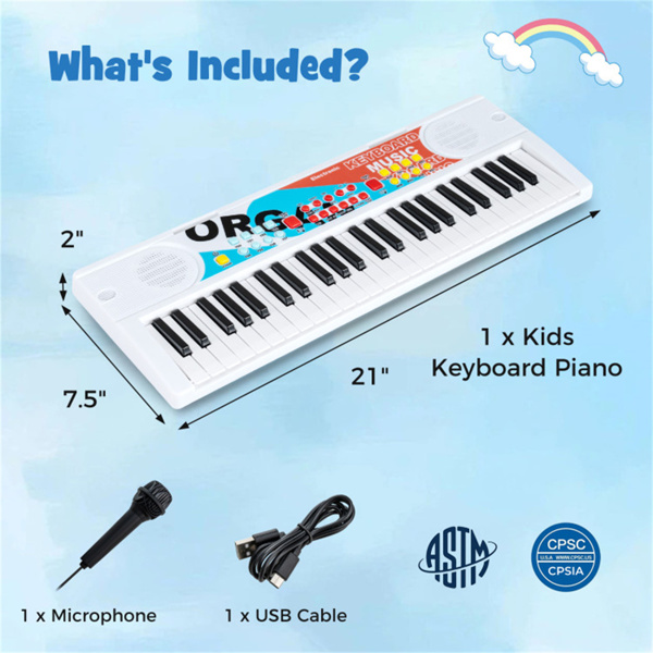 49键儿童电子键盘，带麦克风，8种音调和节奏，适合3岁儿童的教育音乐玩具-白色-7
