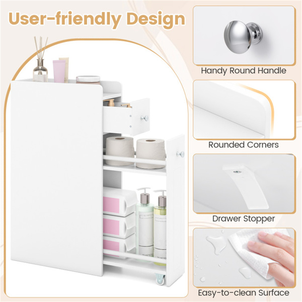 超薄浴室储物柜，带脚轮抽屉，凸起边缘顶部货架防坠落整理器-白色-8
