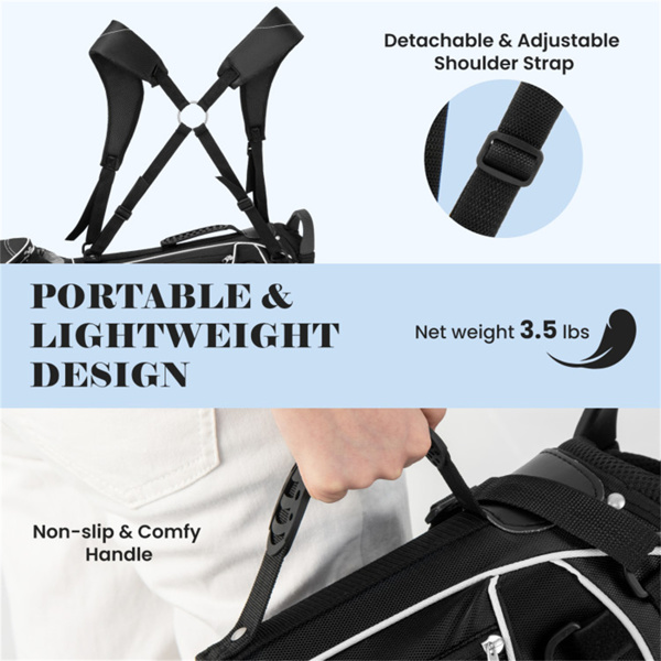 黑色高尔夫立袋3向分隔涤纶轻质带4个拉链口袋，适合旅行-4