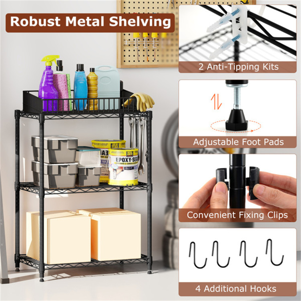 3层重型金属线架单元，总载重量450磅，带车库和厨房防倾倒套件-9