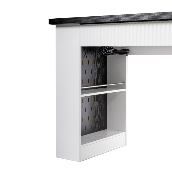 55英寸现代凹槽办公桌，带储物柜和抽屉，电脑书桌，带电源插座、挂板、内置搁板和键盘托盘，适用于书房、客厅、家庭办公室，白色-24