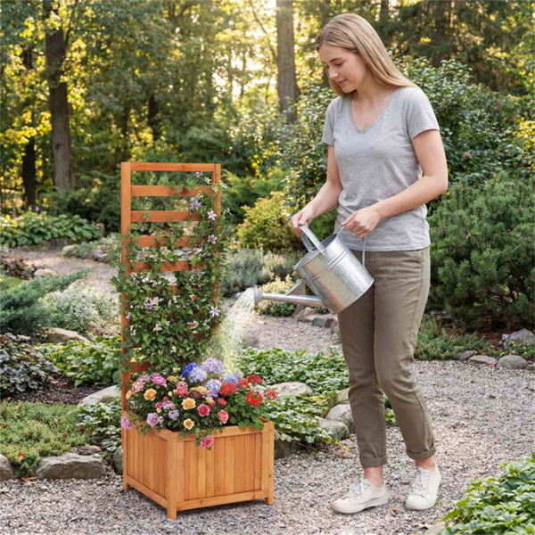 2合1木制高架花园床，带格栅，攀爬植物和花卉的高效排水系统-9