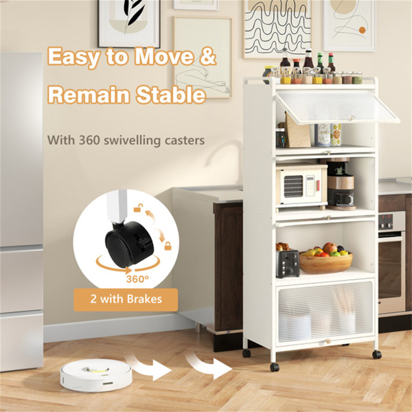 5层滚动微波支架翻转防尘门4脚轮带刹车厨房储物架白色-9