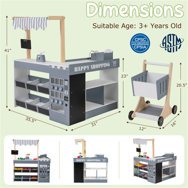 灰色木制儿童超市玩具套装，带自动售货机，90.17×78.74×104.14cm杂货店玩具，带购物车，3人+-4