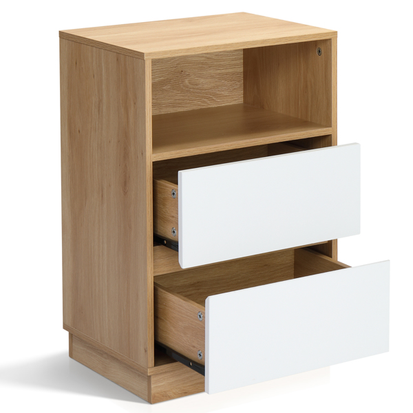 白色+橡木色 P2刨花板 贴麻面三胺 抽屉斜封边 40*30*60cm 两抽带上隔层 床头柜 1PC-12