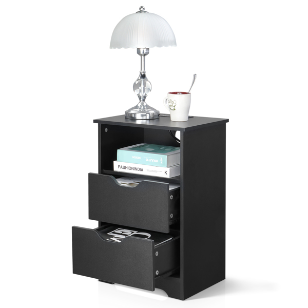 黑色 P2刨花板 贴麻面三胺 无拉手 40*30*60cm 两抽带上隔层 床头柜 带欧规电源 1PC-38