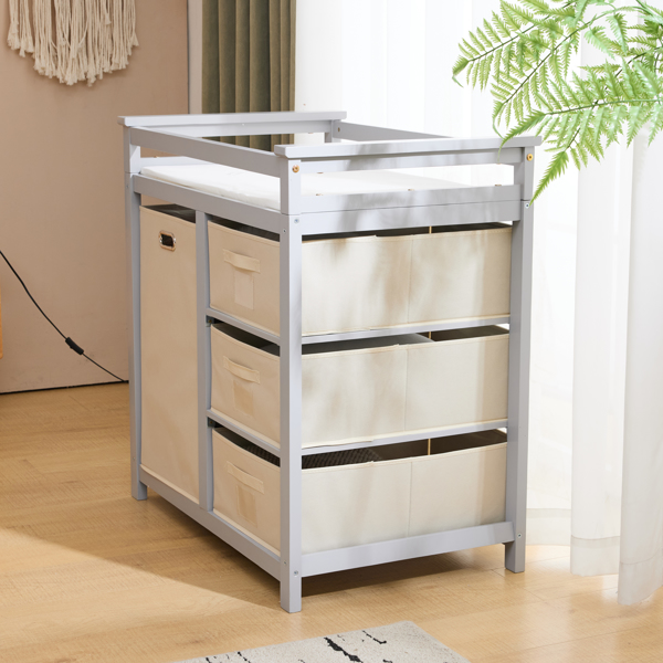 灰色 油漆面 松木 木框 顶部可拆卸 87*53*87.5cm 儿童木床 3布抽+1布袋 换尿布台-17