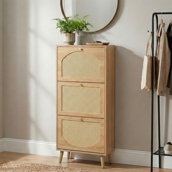 藤面3翻斗 鞋柜 刨花板 54*24*135 cm  原木色-1