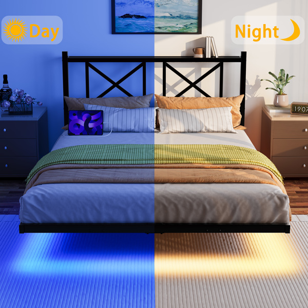 大号悬浮式床架，带床头板和储物空间，全尺寸平台床架，带USB充电接口和LED灯，重型钢制床板，易于组装，黑色--不支持self-pick up且不支持指定仓库发货-4