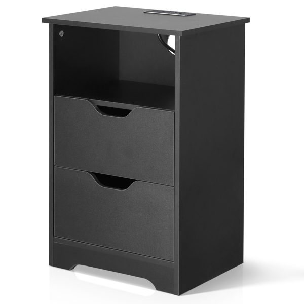 黑色 P2刨花板 贴麻面三胺 无拉手 40*30*60cm 两抽带上隔层 床头柜 带欧规电源 1PC-63