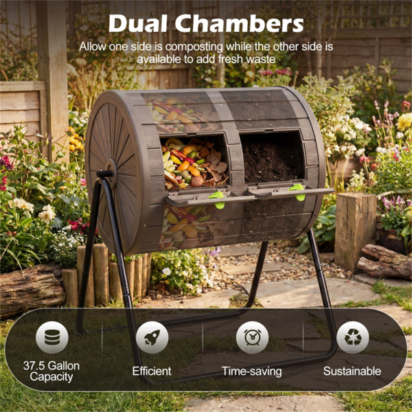 咖啡色双室堆肥滚筒37.5Gal 360°旋转堆肥箱，带搅拌叶片，用于花园-10