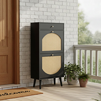 藤面1抽2翻斗 鞋柜 刨花板 54*24*110cm 黑色