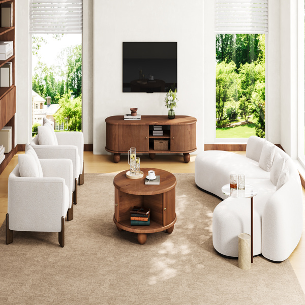 圆形凹槽咖啡桌，带储物功能，实心松木材质，滑动门设计，胡桃木色，直径31.8英寸。-13