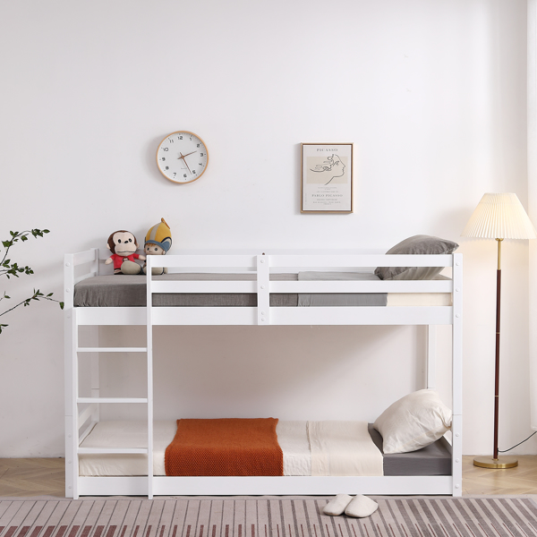 白色 油漆面 松木+胶合板 头尾横撑护栏 Twin 儿童木床 直梯 可拆分成单层床 双层床-29