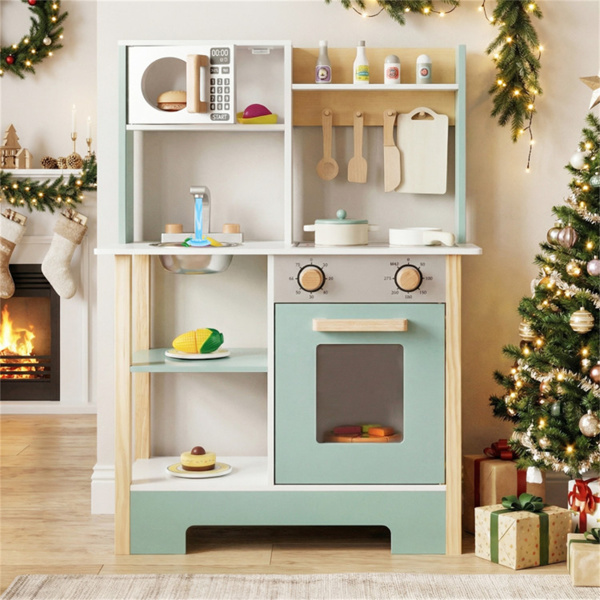 儿童木制游戏厨房，配有13个配件，3人以上带黑板的假装烹饪套装，绿色+白色-10