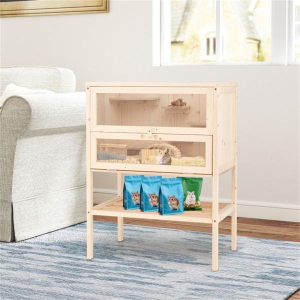 31.5英寸冷杉木仓鼠笼，带翻网屋顶、多层活动区和底部储物架-7