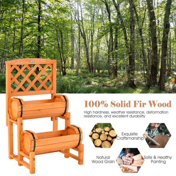 双层实心冷杉木高架花园床，带格子圆柱形种植箱，用于攀爬植物-3