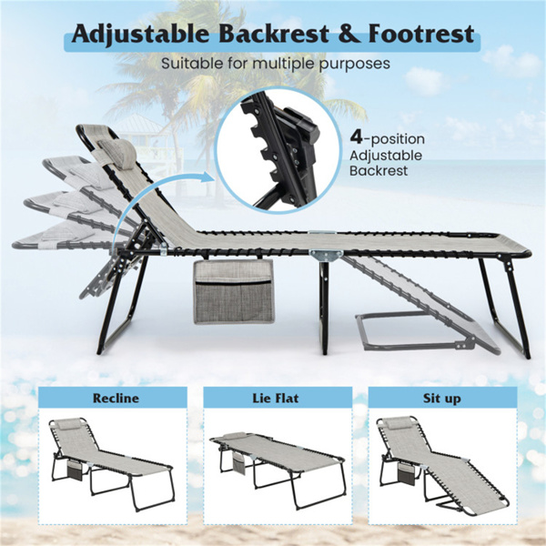 超大露台躺椅休息室，27英寸宽，4位可调节靠背，灰色折叠晒黑椅-4