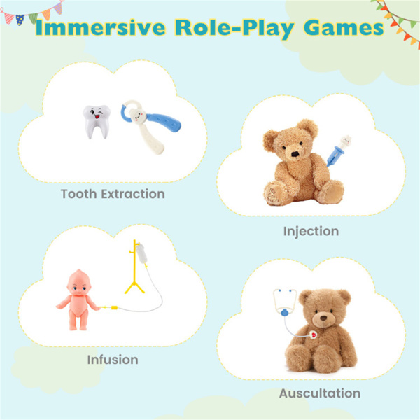 木制儿童医生医疗站游戏机，93.98×54.61×99.06cm 27件带心电图监测仪的医疗工具，适用于3-6年，蓝色+白色-3