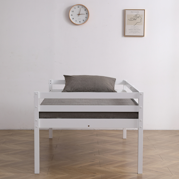 白色 油漆面 松木+胶合板 头尾横撑护栏 Twin 儿童木床 直梯 可拆分成单层床 双层床-50