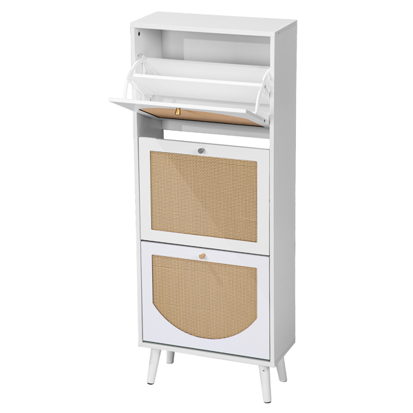 藤面3翻斗 鞋柜 刨花板 54*24*135 cm  白色-2