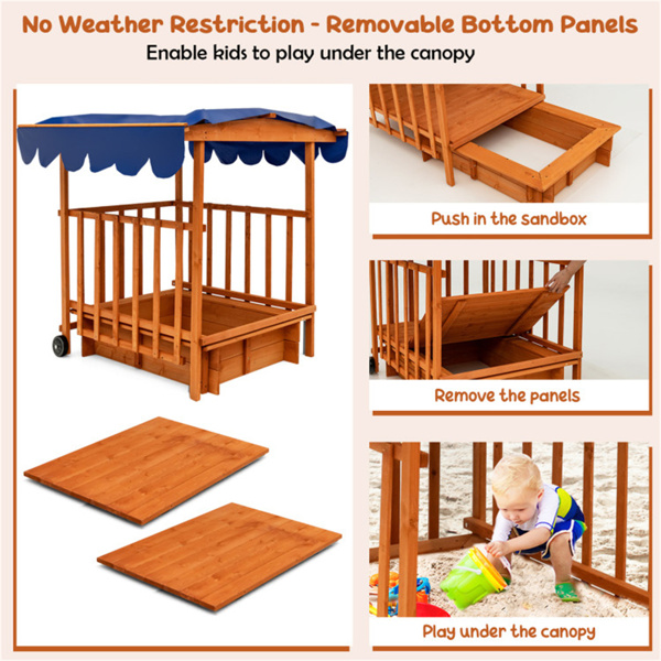 雪松木儿童沙坑，带游戏室和遮阳棚，带后轮的沙盒，自然+蓝色-9