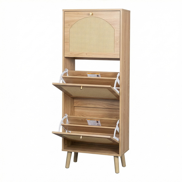 藤面3翻斗 鞋柜 刨花板 54*24*135 cm  原木色-10