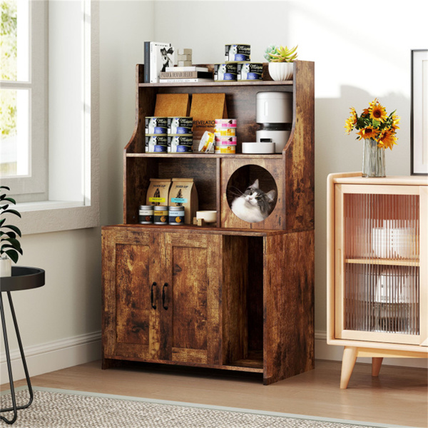 木制隐藏式猫砂箱外壳，带储物架，防倾倒设计，工业风格棕色-7