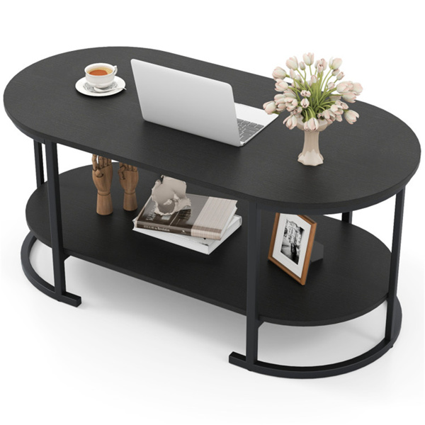 双层咖啡桌，带金属框架，100×50×45厘米机器人真空友好型梳妆台，客厅办公室可容纳88磅-黑色-1