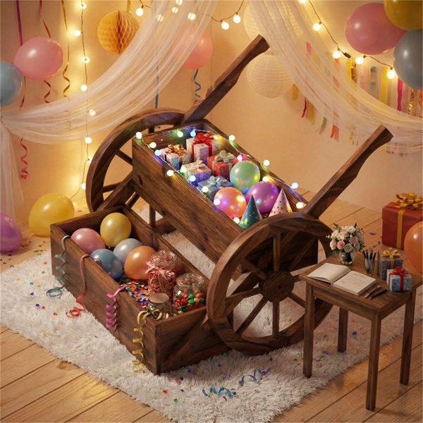 碳化冷杉木双层货车花盆，排水孔梯子植物车，用于阳台花园-8