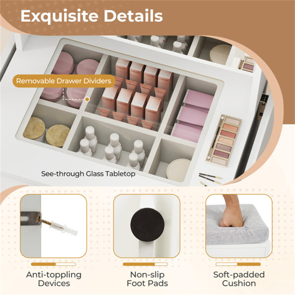 多功能梳妆台，带吹风机架，储物凳化妆台，适合家庭美容组织者-白色-10