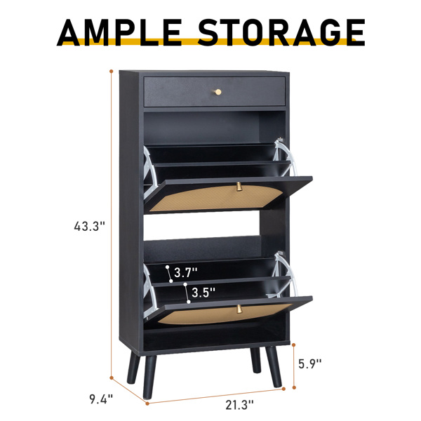 藤面1抽2翻斗 鞋柜 刨花板 54*24*110cm 黑色-11