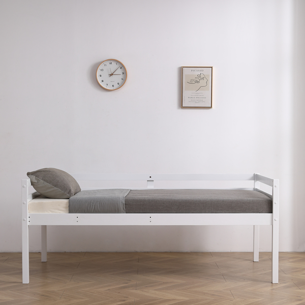 白色 油漆面 松木+胶合板 头尾横撑护栏 Twin 儿童木床 直梯 可拆分成单层床 双层床-55