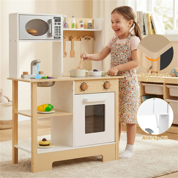 儿童木制游戏厨房，配有13个配件，3人以上带黑板的假装烹饪套装，白色+自然色-7