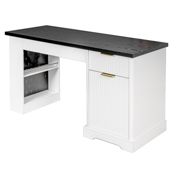 55英寸现代凹槽办公桌，带储物柜和抽屉，电脑书桌，带电源插座、挂板、内置搁板和键盘托盘，适用于书房、客厅、家庭办公室，白色