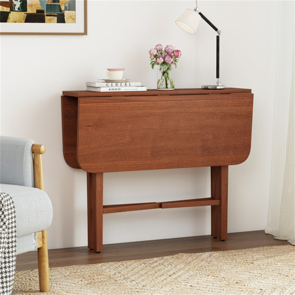 节省空间的圆形转角餐桌，可容纳2-4个自然木纹折叠餐桌-胡桃色-3