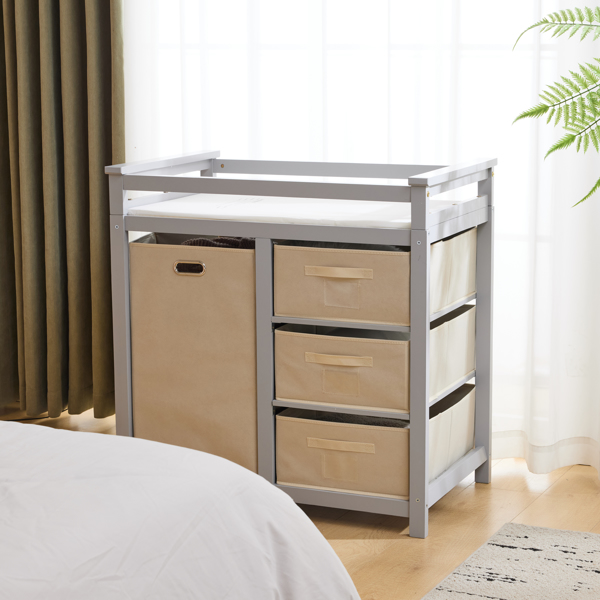 灰色 油漆面 松木 木框 顶部可拆卸 87*53*87.5cm 儿童木床 3布抽+1布袋 换尿布台-10