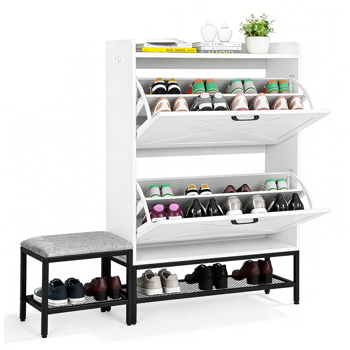 谷仓门2翻斗带挡板铁网铁脚带软垫换鞋凳1挂钩 鞋柜 刨花板 120*24*120cm  白色