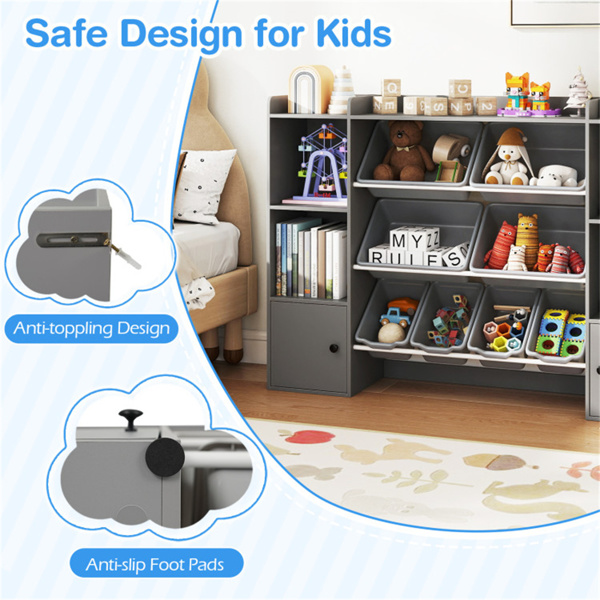 灰色儿童玩具收纳柜，配备8个储物箱，防倾倒设计，开放式货架，可存放3年以上-5