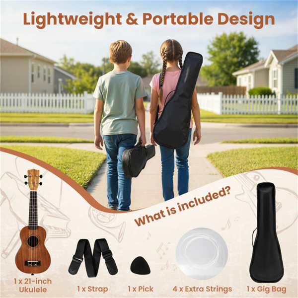 21英寸实心桃花心木Ukulele，配有15:1专业调音器，适合初学者的完整入门套件-9