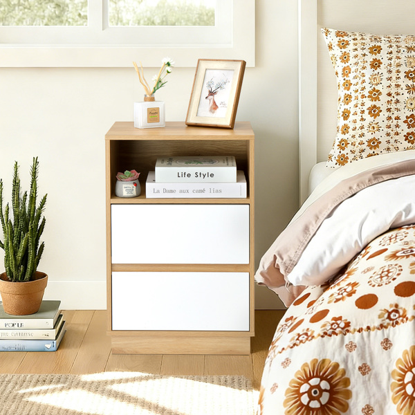 白色+橡木色 P2刨花板 贴麻面三胺 抽屉斜封边 40*30*60cm 两抽带上隔层 床头柜 1PC-8
