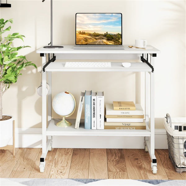 白色移动电脑桌，带键盘托盘和储物架，360°可锁定脚轮，适用于家庭办公室-4